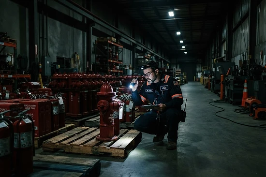Teknisi memeriksa dan merefill peralatan pemadam kebakaran di gudang